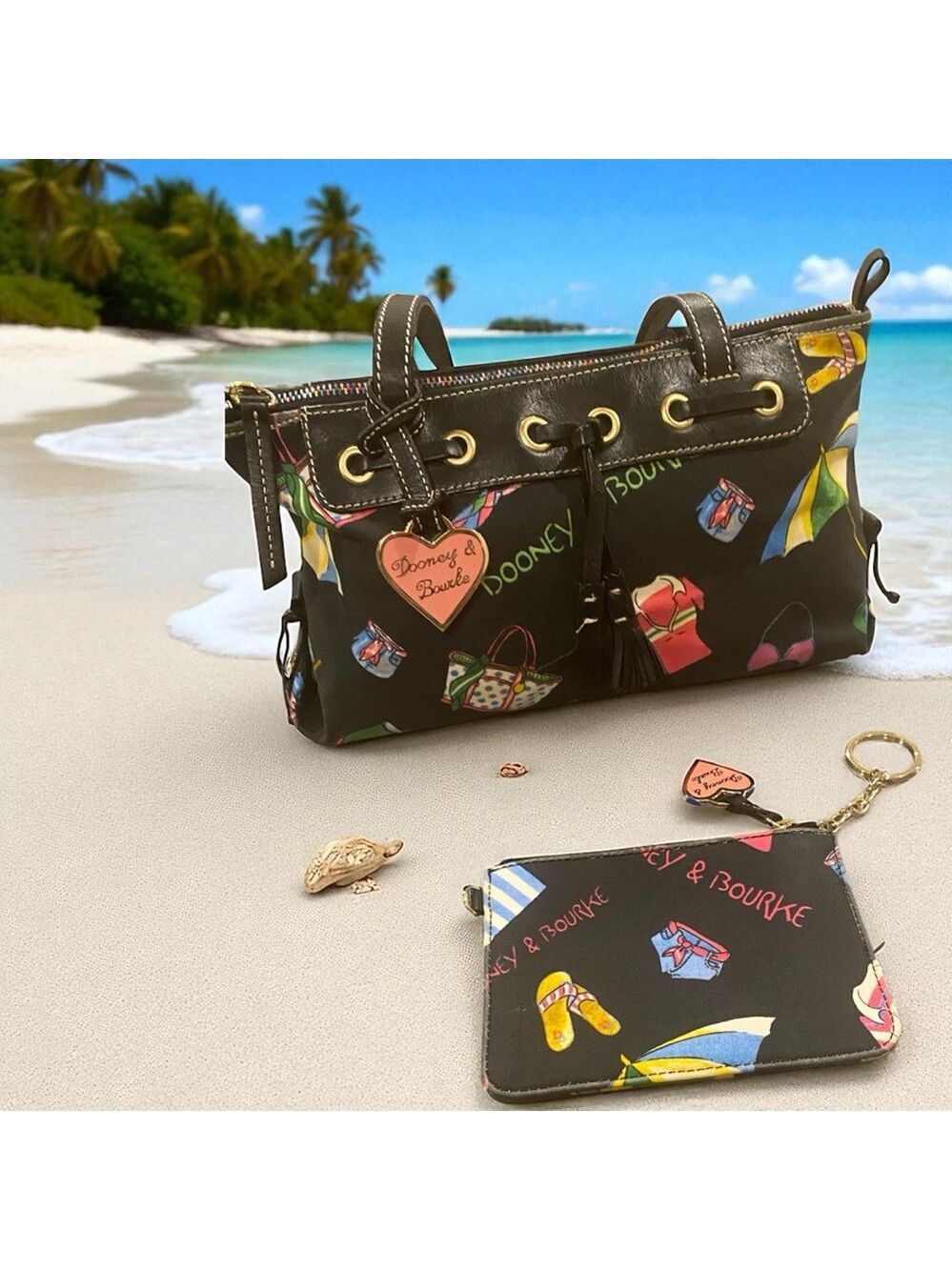 Vintage Y2K Dooney & Bourke Miami Beach Black & Multi Uncoated Bag & Wallet - Picture 2 of 16